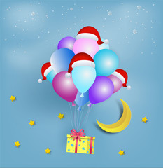 Wall Mural - Paper art style of yellow star shape gift box with colorful balloon and wearing a Santa hat floating on the sky. Merry Christmas and Happy New Year.