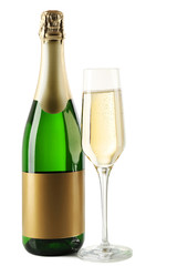 Champagne bottle with glass on white background