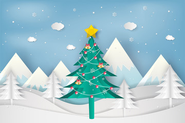 Wall Mural - Paper art style of Merry Christmas and Happy New Year. christmas tree in winter with  landscape background