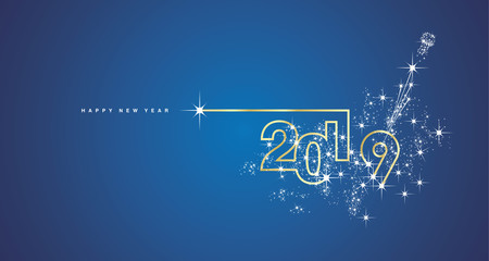 New Year 2019 line design spark firework champagne gold shining white blue vector