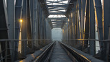 Fototapeta Most - A railway bridge in the morning fog or smoke through which the rays of the sun shine
