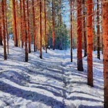 Hand Drawing Watercolor Art On Canvas. Artistic Big Print. Original Modern Painting. Acrylic Dry Brush Background. Beautiful Winter Forest Landscape. Wonderful Travel View. Charming Snow Resort.