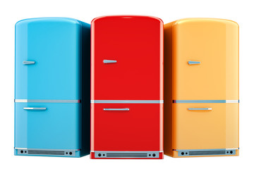 Poster - Set of colored fridges, retro design. 3D rendering