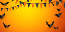 Orange Halloween Poster With Bats And Flags.