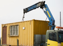 Crane Truck Unloading Portable Workers House Container Booth, Outdoors