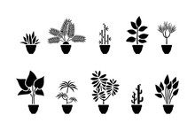 Home Flowers Icon Set. Black Pictogram Of Plant In Pot
