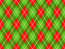 Christmas Red And Green Argyle Seamless Vector Pattern Background. Xmas Sweater Style Textile Print. Classic Stockings Diamond Check Fabric Texture. Pattern Tile Swatch Included.