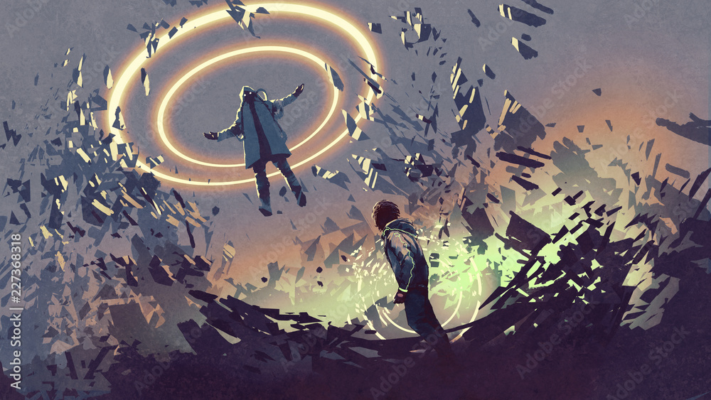 sci-fi scene showing fight of two futuristic men with magics, digital ...