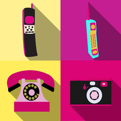 Poster - A set of four simple flat style icons with a long shadow of old retro vintage hipster antique electronics, cellular mobile button dial phones and sliders with a camera. Vector illustration