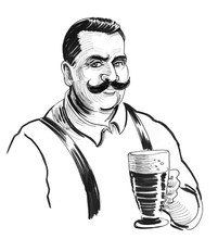 Gentleman With Mustache Holding A Glass Of Beer. Ink Black And White Illustration