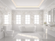 Luxury White Bathroom 3d Render. There Are White Tile Floor And Marble Wall.The Room Has More Windows. Sunlight Shining Into The Room