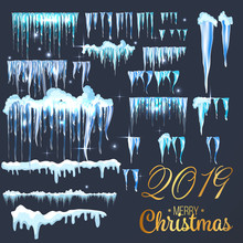 2019 Snow With Icicles And Snow Drifts. Winter Snow Caps With Ice. Set Of Different Blue And White Snowy Frames For Decoration. Vector