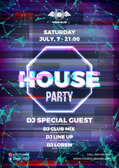 Poster - Glitch party poster with red background and hexagon for techno r