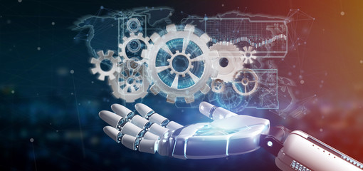 Poster - Cyborg hand holding a  gear wheel interface 3d rendering