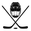 Vector image of a hockey helmet with sticks and puck.