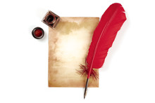 A Vintage Background With A Vibrant Red Quill On A Piece Of Old Paper, With An Ink Well, On White With A Place For Text, Top Shot