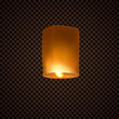 Lantern isolated on transparent background. Diwali festival floating lamp. Vector indian paper flying light ballon with flame at night sky.