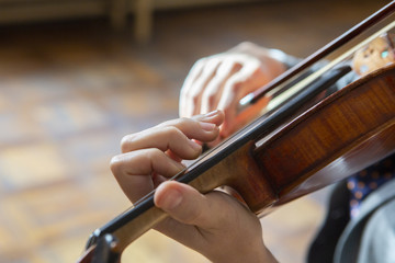 Hand on the strings of a violin