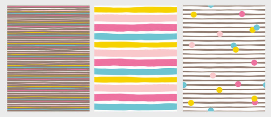 set of 3 hand drawn irregular striped vector patterns. horizontal colorful stripes on a white and br