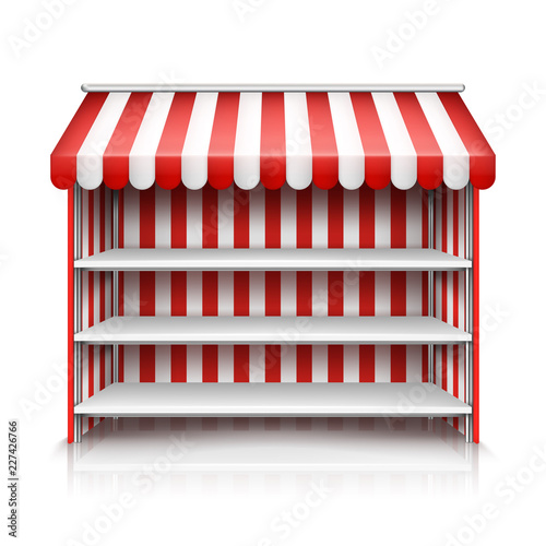 Fotomural Vector realistic illustration of market stall with red and white striped awning isolated on background