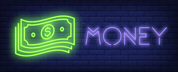 Wall Mural - Money neon sign. Dollar bills on brick background. Banknotes, income, wealth. Night bright advertisement. Vector illustration in neon style for business, finance, commerce