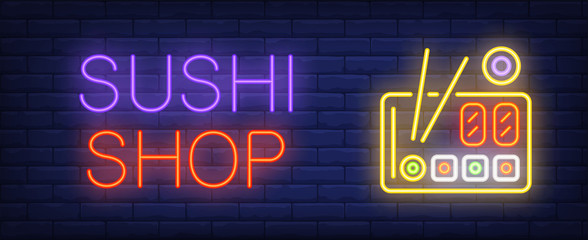 Poster - Sushi shop neon sign. Sushi set with chopsticks. Asian restaurant, Chinese food, meal. Night bright advertisement. Vector illustration in neon style for food, service, national cuisine