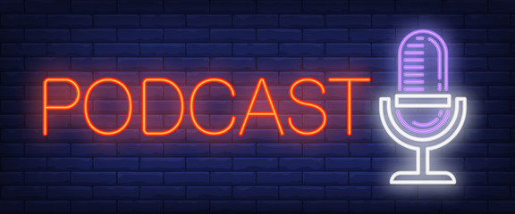 Aufkleber - Podcast neon sign. Microphone on brick wall background. Vector illustration in neon style for radio station and broadcasting
