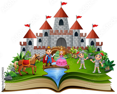 Story book with cartoon princesses and princes in front of a castle