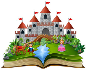 Wall Mural - Story book with cartoon princesses and princes in front of a castle