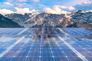 Solar panel over  mountain background. solar power green energy for life concept 
