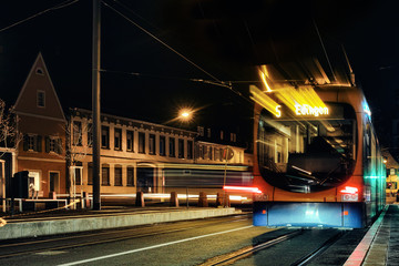 Time Exposure train close traffic light night Mannheim street bulb fast autumn urban public transport seckenheim old