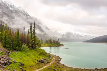 Wall Mural - View at the Medicine Lake in the Jasper National Park in Canadian Rocky Mountains