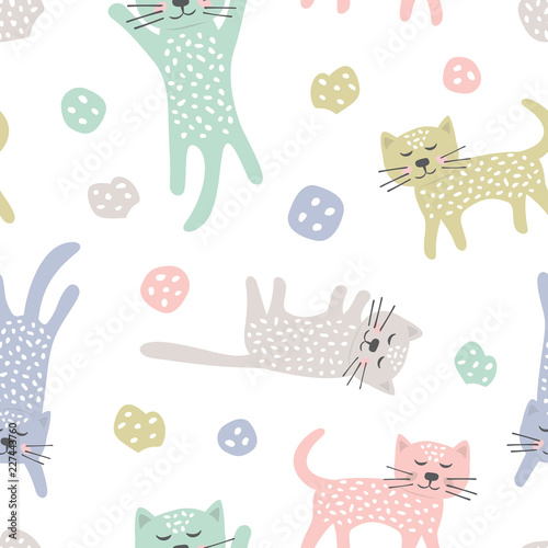 Obraz w ramie Childish seamless pattern with cats. Creative texture for fabric