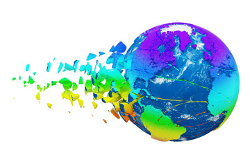 Aufkleber - Broken shattered planet earth globe isolated on white background. Rainbow realistic world with particles and debris.