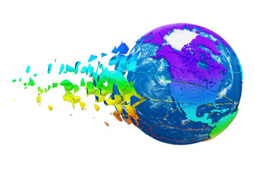 Aufkleber - Broken shattered planet earth globe isolated on white background. Rainbow realistic world with particles and debris.