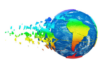 Aufkleber - Broken shattered planet earth globe isolated on white background. Rainbow realistic world with particles and debris.