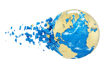 Aufkleber - Broken shattered planet earth globe isolated on white background. Gold metallic world with particles and debris.