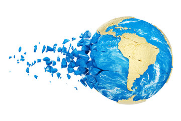 Aufkleber - Broken shattered planet earth globe isolated on white background. Gold metallic world with particles and debris.