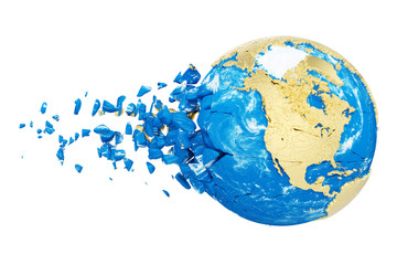 Leinwandbilder - Broken shattered planet earth globe isolated on white background. Gold metallic world with particles and debris.