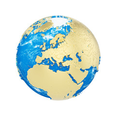 Fototapete - Planet earth globe isolated on white background. Gold metallic continents and blue ocean. Earth day celebration.