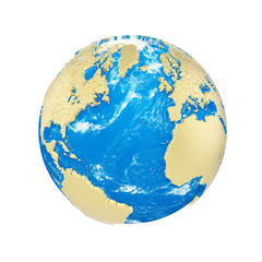 Fototapete - Planet earth globe isolated on white background. Gold metallic continents and blue ocean. Earth day celebration.