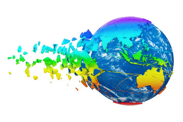 Aufkleber - Broken shattered planet earth globe isolated on white background. Rainbow realistic world with particles and debris.