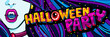 Halloween illustration. Open blue mouth with fangs and Halloween Party Message in pop art style.