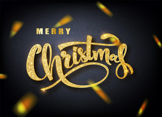 Wall Mural - merry christmas lettering greeting card for holiday. golden confetti. calligraphy lettering new year