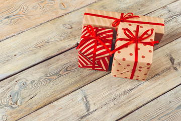 various gift boxes on wooden table, top view