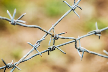 barbed wire stretched on the fence. Shallow depth of field. soft focus