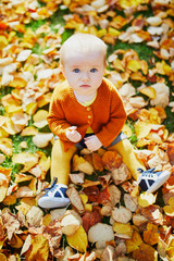 Wall Mural - Cute little baby girl having fun on beautiful fall day