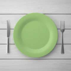 Fototapete - Top view of ceramic plate with fork and knife on white wooden table. 3d 