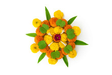 Dashera Festival Apta Leaf With Marigold Flower Rangoli