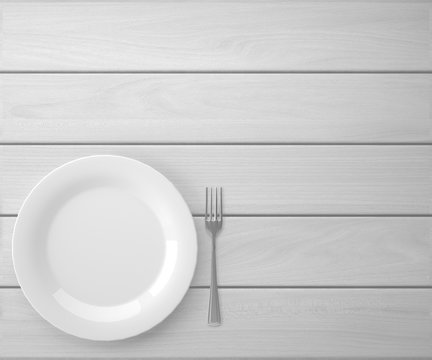 Empty plate on white wooden table. View from the top with copy space. 3d rendering.